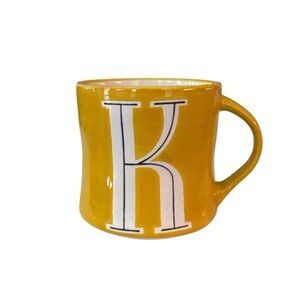 Anthropologie Monogram Initial Coffee Mug Letter K Yellow White Hand Painted Cup